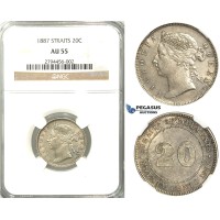 R420, Straits Settlements, Victoria, 20 Cents 1887, Silver, NGC AU55 R420, Straits Settlements, Victoria, 20 Cents 1887, Silver, NGC AU55