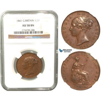 R432, Great Britain, Victoria, 1/2 Penny 1841, NGC AU58BN