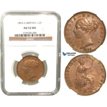 R433, Great Britain, Victoria, 1/2 Penny 1853, NGC AU53BN