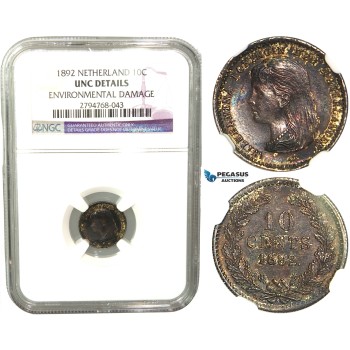 R439, Netherlands, Wilhelmina, 10 Cents 1892, Utrecht, Silver, NGC UNC