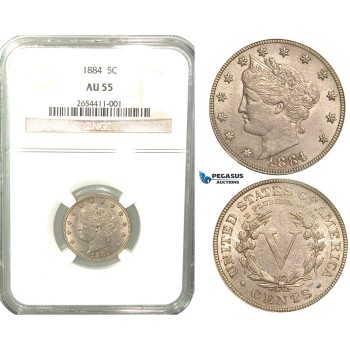 R445, United States, Libery Nickel (5 Cents) 1884, NGC AU55