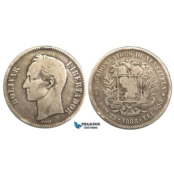R453, Venezuela, 5 Bolivares 1888, Silver, VG-F