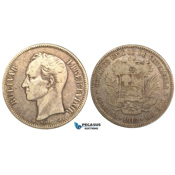 R454, Venezuela, 5 Bolivares 1912, Paris, Silver, gF