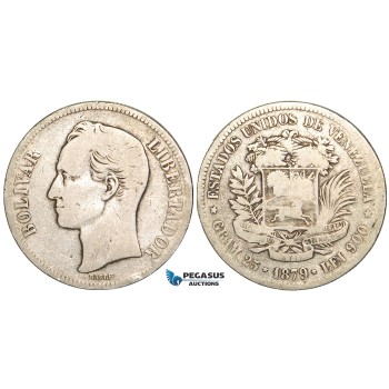 R458, Venezuela, 5 Bolivares 1879, Caracas, Silver
