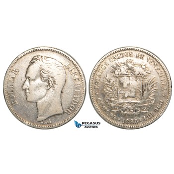 R459, Venezuela, 5 Bolivares 1886, Caracas, Silver, F-VF