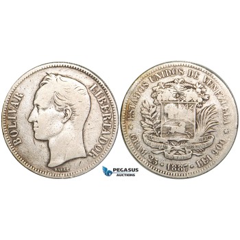 R460, Venezuela, 5 Bolivares 1887, Caracas, Silver, F