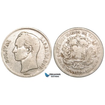 R461, Venezuela, 5 Bolivares 1889, Caracas, Silver, F