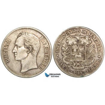 R463, Venezuela, 5 Bolivares 1919, Caracas, Silver, VF