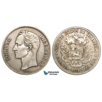 R464, Venezuela, 5 Bolivares 1924, Caracas, Silver, VF