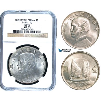 R468, China, Junk Dollar 1934, Silver, L&M-110, Y-345, NGC MS63