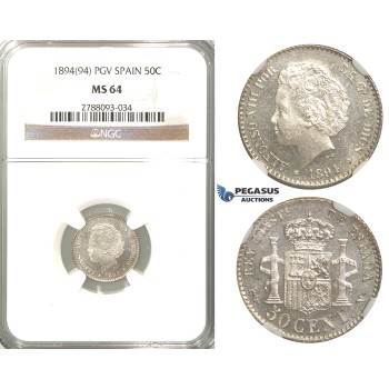 R47, Spain, Alfonso XIII, 50 Centimos 1894 (94) PG-V, Madrid, Silver, NGC MS64