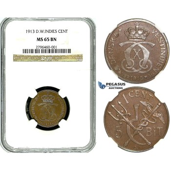 R488, Danish West Indies, Christian X, 1 Cent/5 Bit 1913, NGC MS65BN (Pop 1/1, Finest!)