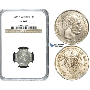 R489, Danish West Indies, Christian IX, 10 Cents 1878, Copenhagen, Silver, NGC MS64