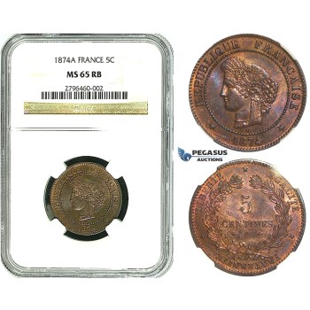 R492, France, Third Republic, 5 Centimes 1874-A, Paris, NGC MS65RB (Pop 1/1, Finest!)