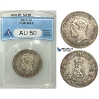 R498, Norway, Oscar II, 2 Kroner 1878, Kongsberg, Silver, ANACS AU50