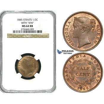 R506, Straits Settlements, Victoria, 1/2 Cent 1845 (with WW) NGC MS64RB (Pop 1/2, No finer!)