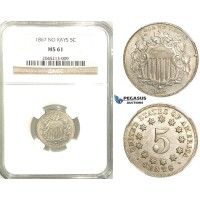 R516, United States, Shield Nickel (5C.) 1867 "No Rays" NGC MS61 R516, United States, Shield Nickel (5C.) 1867 "No Rays" NGC MS61