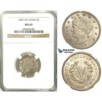 R517, United States, Liberty Nickel (5C.) 1883 No Cents NGC MS63