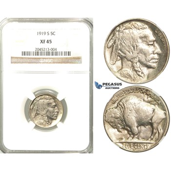 R523, United States, Buffalo Nickel (5C.) 1919-S, San Francisco,  NGC XF45