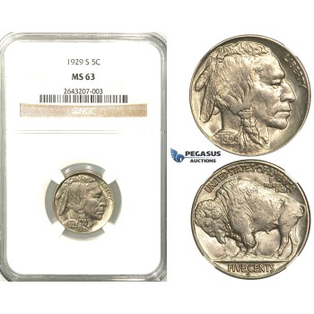 R525, United States, Buffalo Nickel (5C.) 1929-S, San Francisco,  NGC MS63