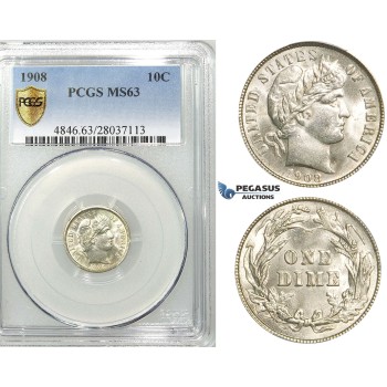 R528, United States, Barber Dime (10C.) 1908, Silver, PCGS MS63