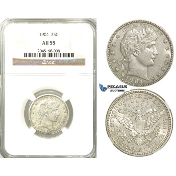 R533, United States, Barber Quarter (25C.) 1904, Silver, NGC AU55