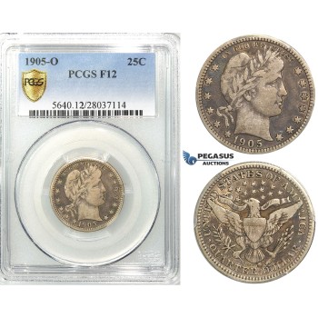 R534, United States, Barber Quarter (25C.) 1905-O, New Orleans, Silver, PCGS F12