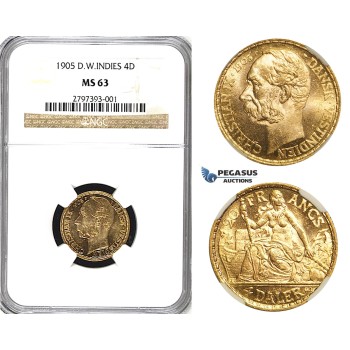 R543, Danish West Indies, Christian IX, 4 Daler/20 Francs 1905, Copenhagen, Gold, NGC MS63