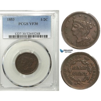 R546, United States, Half Cent 1853, PCGS VF30
