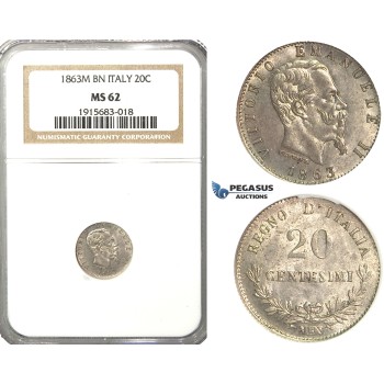R58, Italy, V. Emanuele II, 20 Centesimi 1863 M-BN, Milan, Silver, NGC MS62