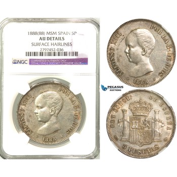 R580, Spain, Alfonso XIII, 5 Pesetas 1888 (88) MS M, Madrid, Silver, NGC AU Det. Extremely Rare!