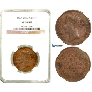 R581, Straits Settlements, Victoria, 1 Cent 1862, NGC XF40BN