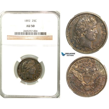 R588, United States, Barber Quarter (25C) 1892, Philadelphia, Silver, NGC AU50