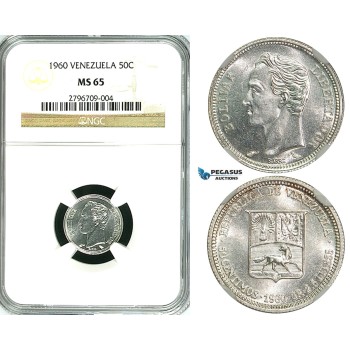 R593, Venezuela, 50 Centimos 1960, Silver, NGC MS65
