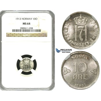 R606, Norway, Haakon VII, 10 Øre 1913, Kongsberg, Silver, NGC MS64
