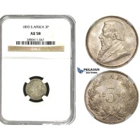 R611, South Africa (ZAR) Threepence (3 Pence) 1893, Silver, NGC AU58