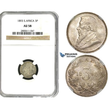 R611, South Africa (ZAR) Threepence (3 Pence) 1893, Silver, NGC AU58