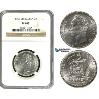 R618, Venezuela, 2 Bolivares 1960, Paris, Silver, NGC MS63