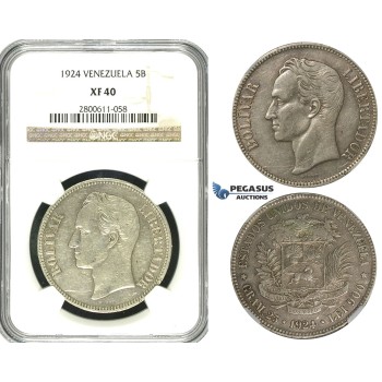 R619, Venezuela, 5 Bolivares 1924, Silver, NGC XF40
