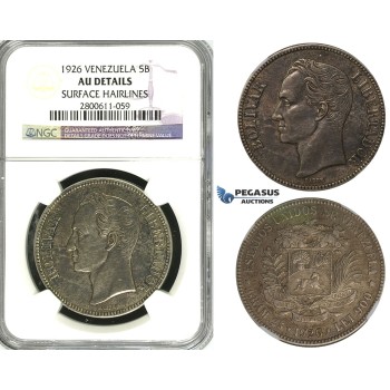 R620, Venezuela, 5 Bolivares 1926, Silver, NGC AU Det.