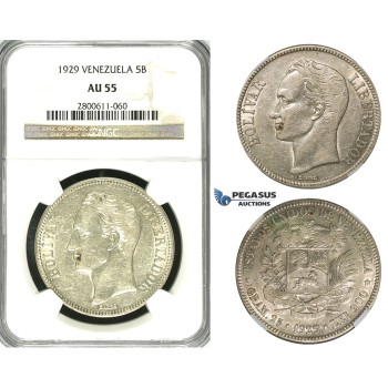 R621, Venezuela, 5 Bolivares 1929, Silver, NGC AU55