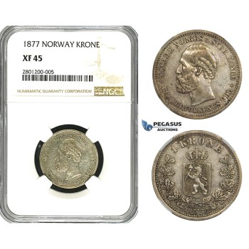R629, Norway, Oscar II, 1 Krone 1877, Kongsberg, Silver, NGC XF45