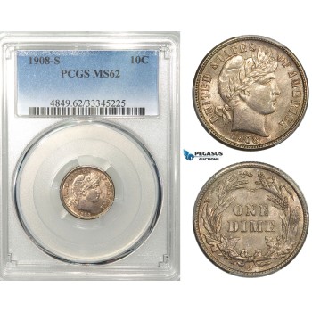 R639, United States, Barber Dime (10C) 1908-S, San Francisco, Silver, PCGS MS62