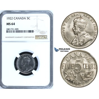 R648, Canada, George V, 5 Cents 1922, NGC MS64