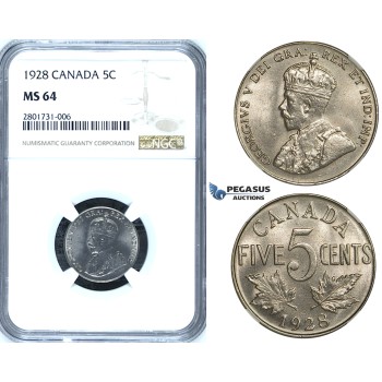 R649, Canada, George V, 5 Cents 1928, NGC MS64