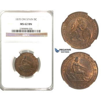R65, Spain (Provincial Government) 5 Centimos 1870-OM, Barcelona, NGC MS62BN