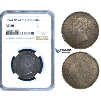R651, Canada, Newfoundland, Victoria, 50 Cents 1874, Silver, NGC VF20