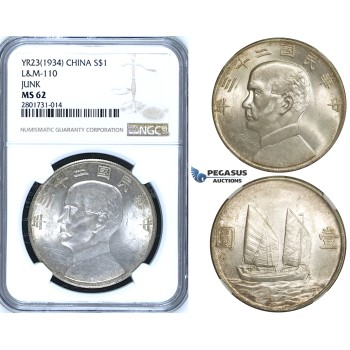 R654, China, Junk Dollar Yr. 23 (1934) Silver, L&M 110, NGC MS62