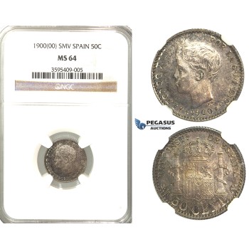 R66, Spain, Alfonso XIII, 50 Centimos 1900 (00) SM-V, Madrid, Silver, NGC MS64