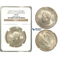 R67, Russia, Nicholas II, Coronation Rouble 1896, St. Petersburg, Silver, NGC MS63 (Rare so Nice)